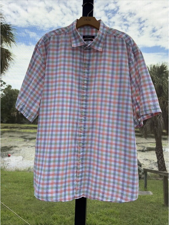 Bugatchi Other - Bugatchi Shirt Mens XXL Classic Fit Short Sleeve Button Down Coral Plaid